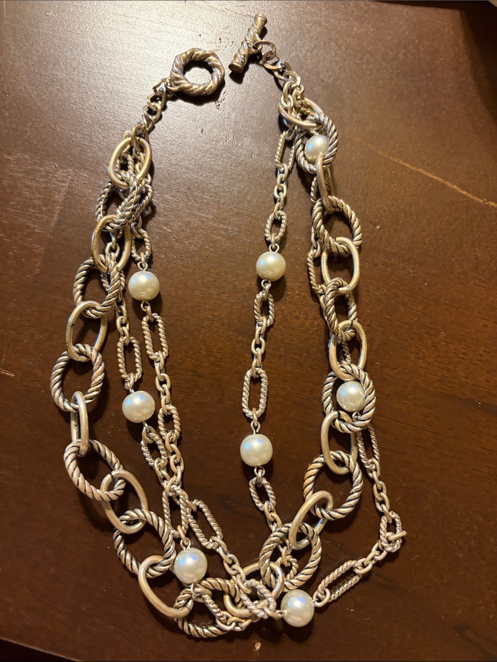 Vintage Multi Strand Rope Chain & Faux Pearl Toggle Necklace Silver